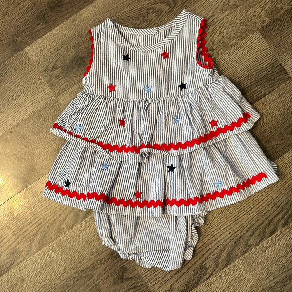 9m Goodlad Baby Girl 2pc seersucker 4th July dress with bloomers